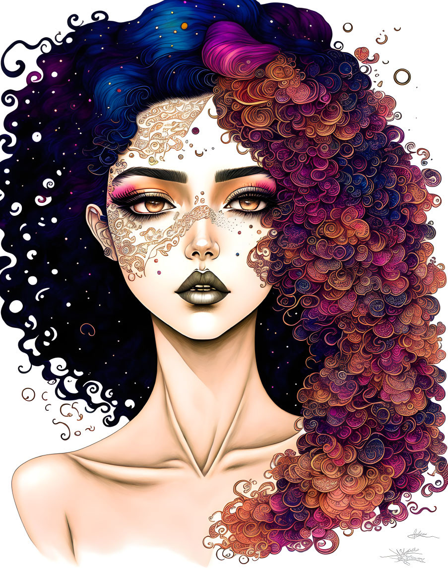 Colorful Curly Hair Woman Illustration with White Facial Markings