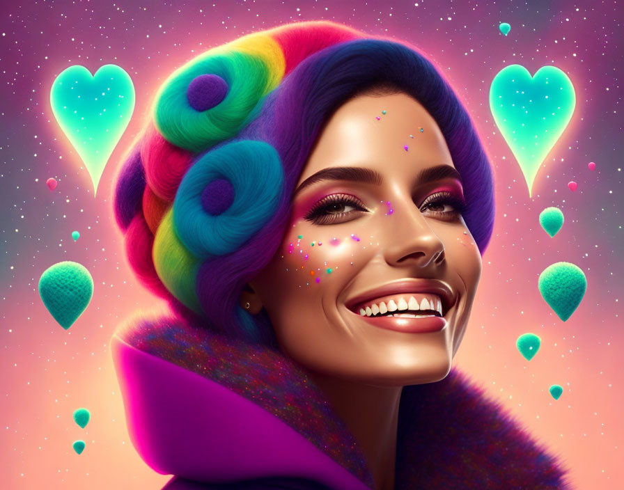 Colorful Woman with Rainbow Hair and Purple Coat on Pink Background