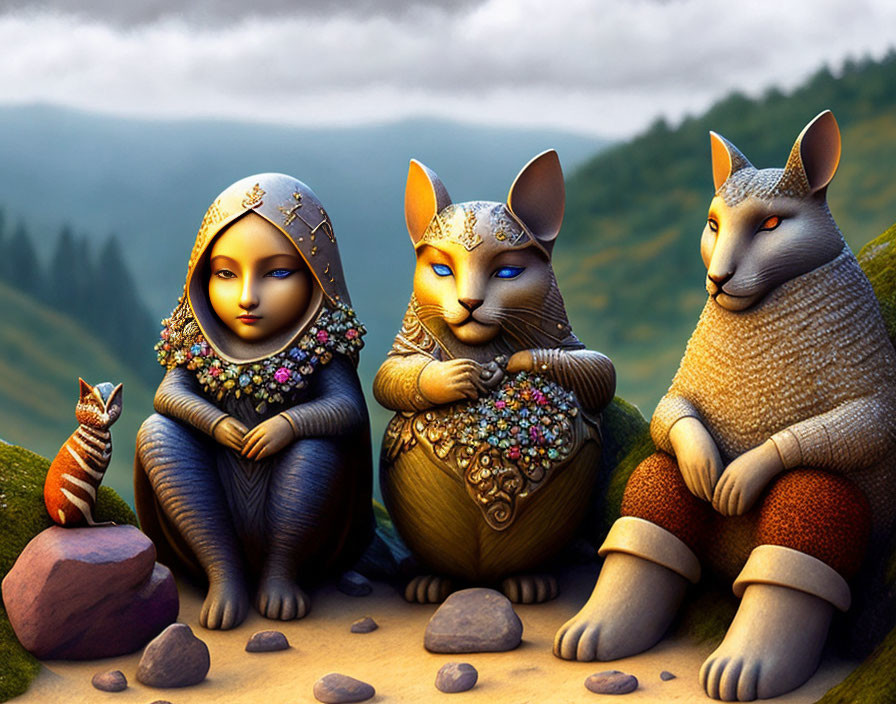 Anthropomorphic Cat Matryoshka Dolls in Rolling Hill Landscape