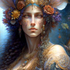 Digital Artwork: Woman in Floral Crown with Butterflies & Blossoms