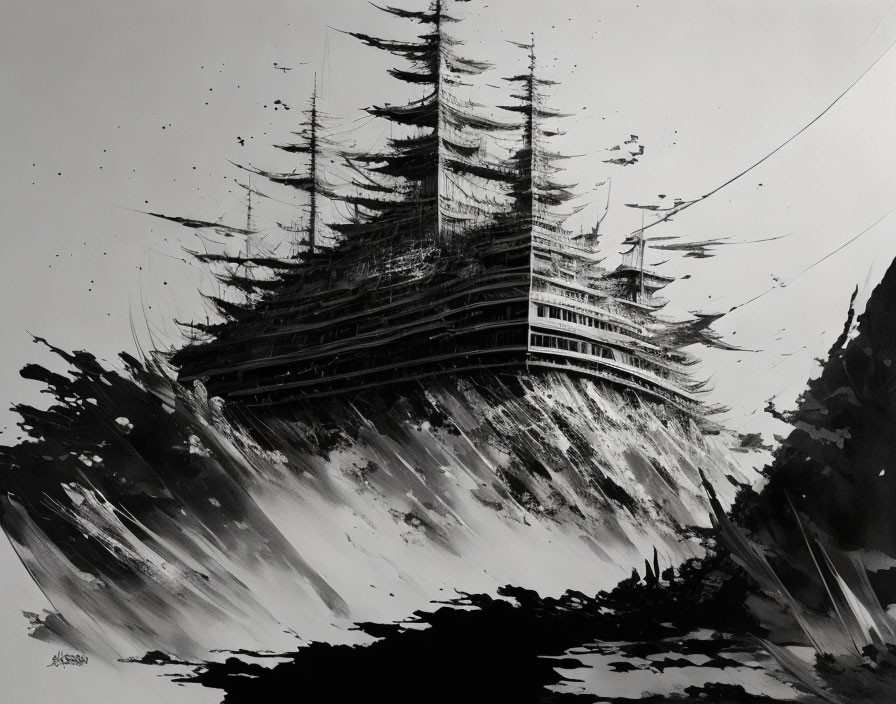 Monochrome abstract artwork of dynamic splashy scene with ship-like structure amid chaotic brushstrokes