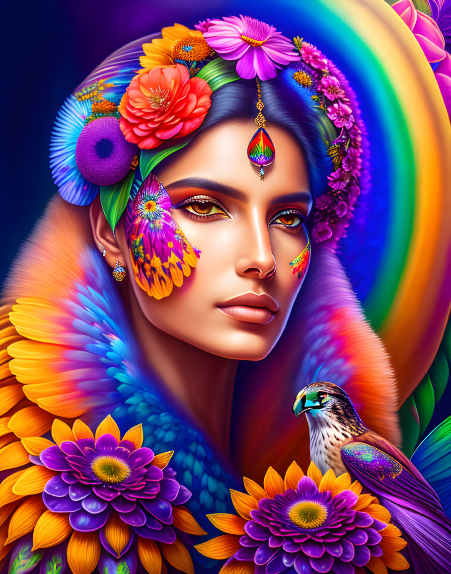 Colorful digital artwork of a woman with flowers, feathers, bird, and rainbow motif