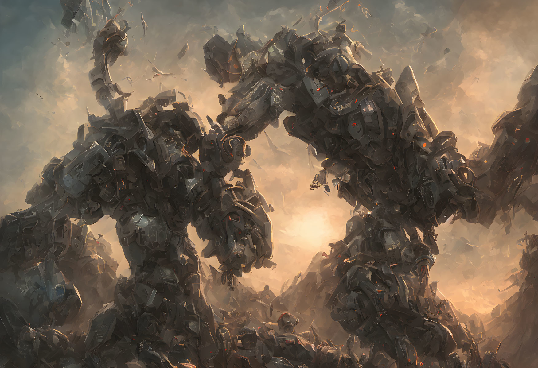 Giant robots battling in hazy, sunlit scene