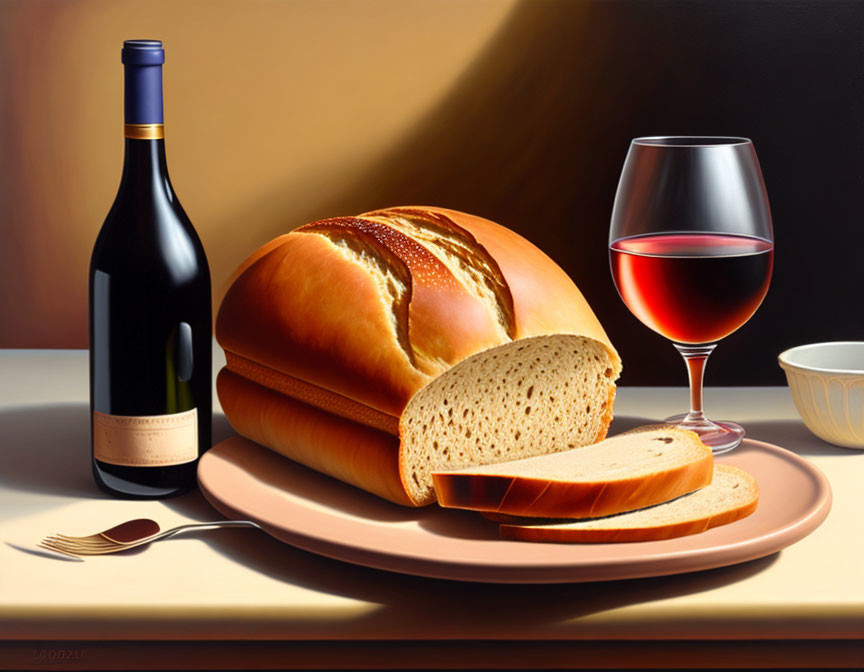 Classic Still Life Painting with Bread, Wine, and Bowl
