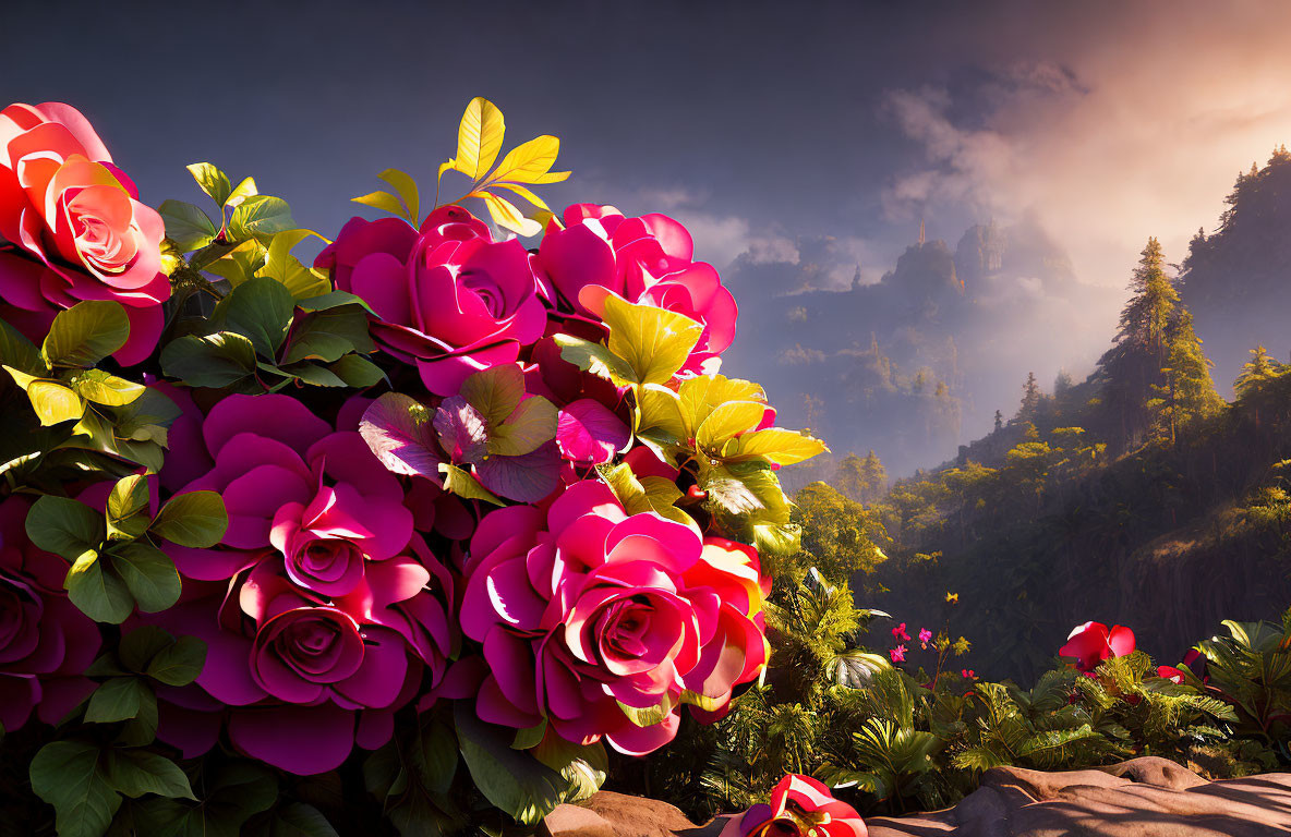 Pink roses and foggy mountain landscape in warm sunlight