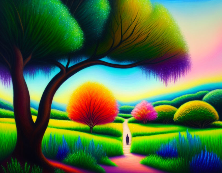 Colorful landscape painting with stylized trees and lone figure walking.
