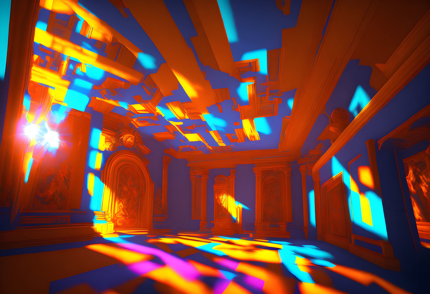 Abstract Art: Neon Blue and Orange Colors, Distorted Architectural Space