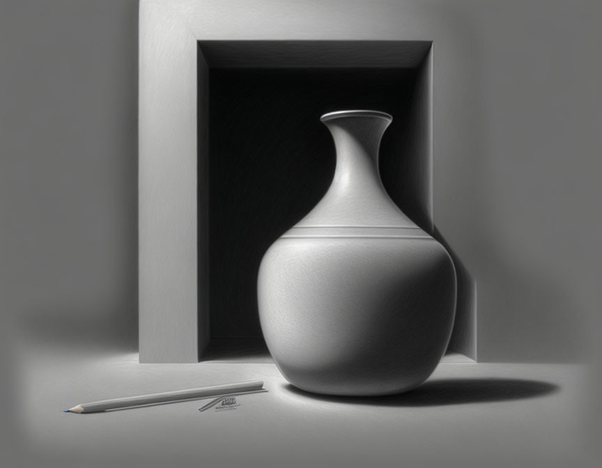 Monochrome still life of ceramic vase and pencil in shadowy alcove