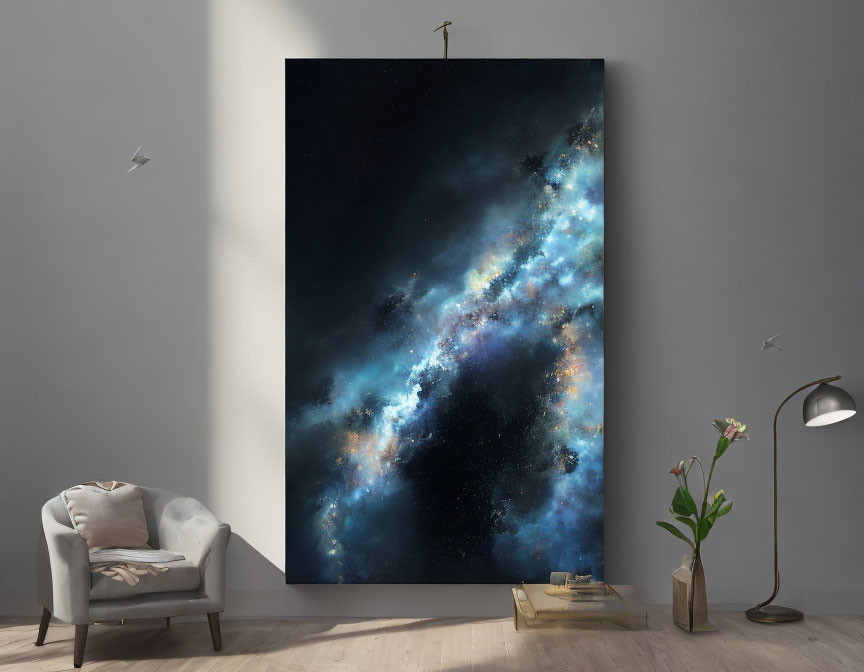 Cosmic space image on large canvas in minimalist room