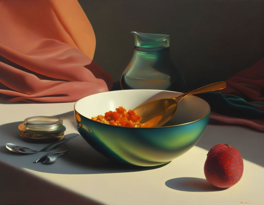 Classic Still Life Painting with Bowl, Spoon, Jar, Jug, and Strawberry