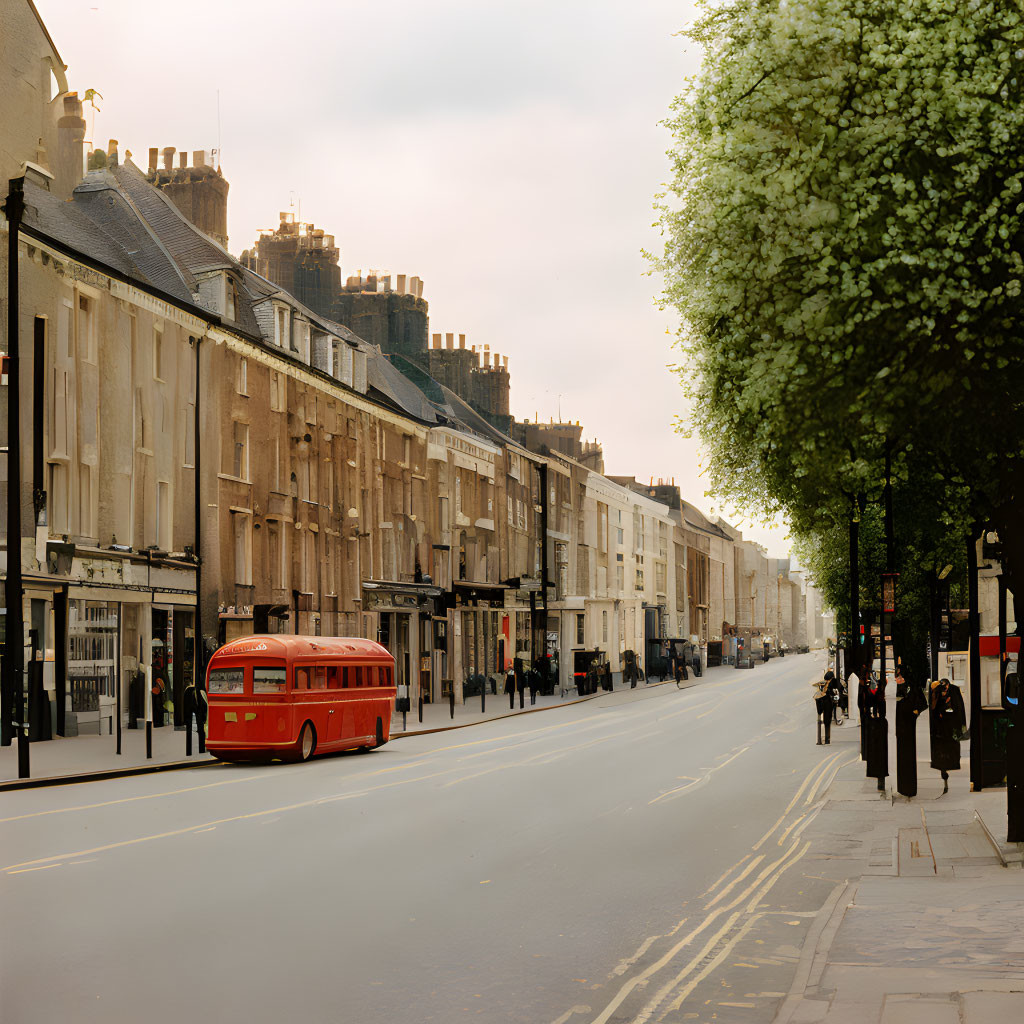 Red bus on tree-lined street with row houses under soft evening sky