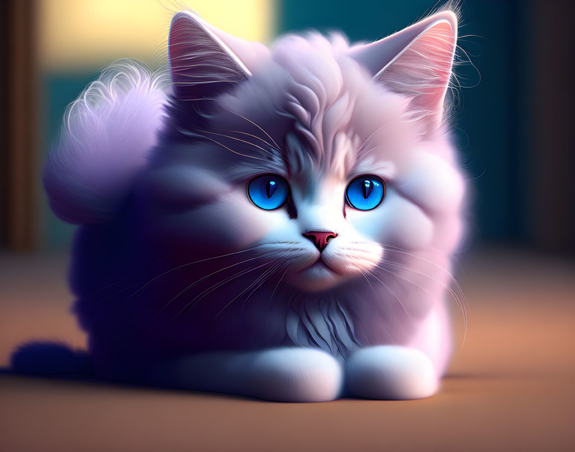 White and Gray Cat with Blue Eyes in Soft Lighting