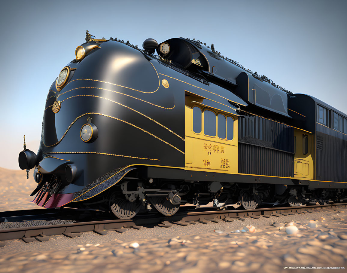 Streamlined vintage black and gold locomotive on desert tracks