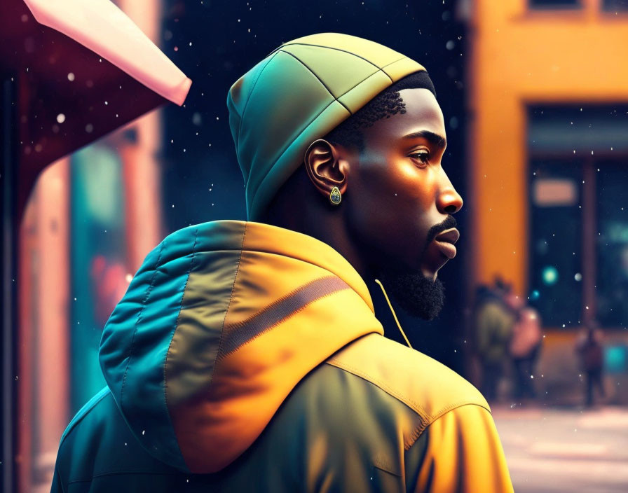 Man in Green Headband and Orange Puffy Jacket in Colorful City Scene