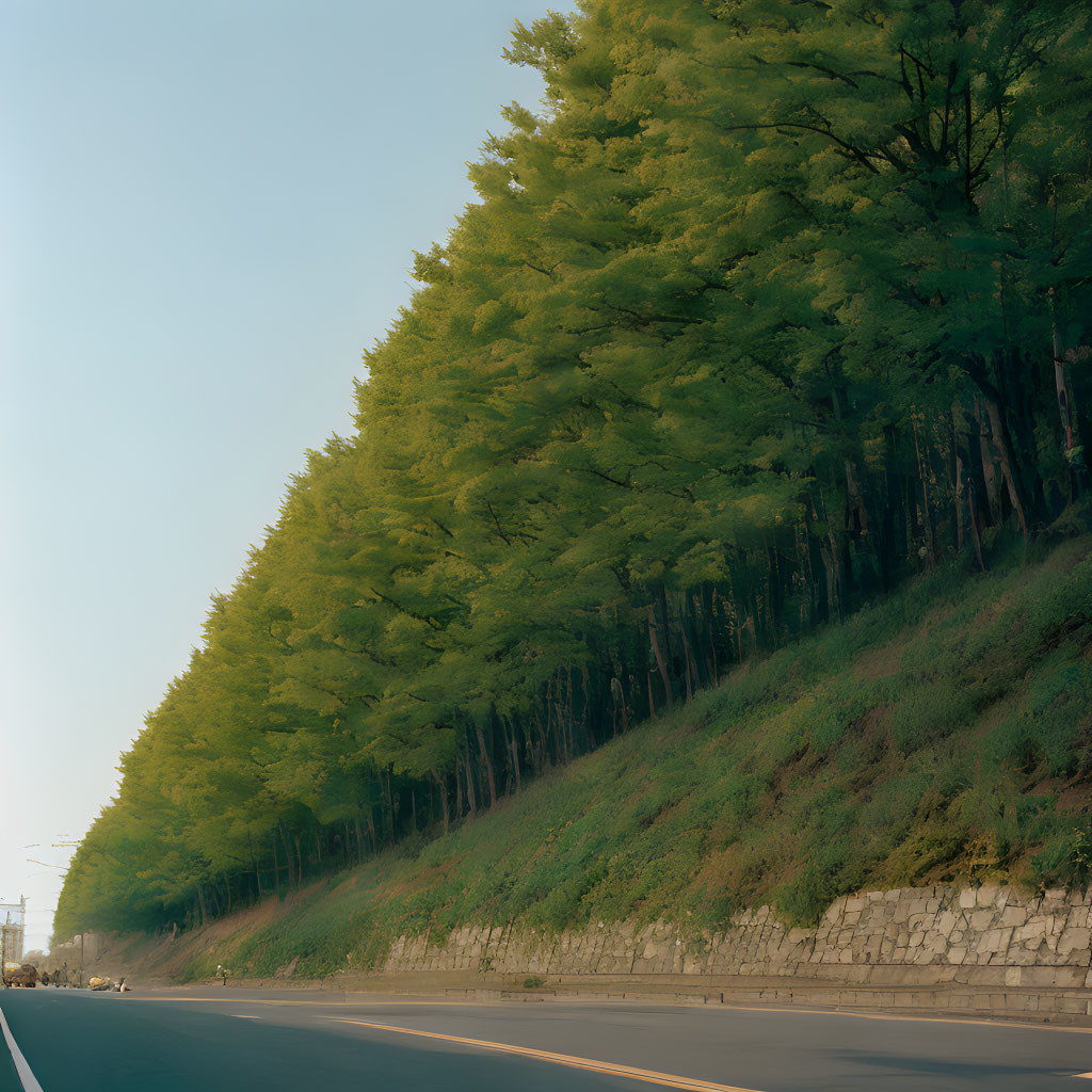 Tranquil Road with Lush Green Trees and Hazy Sky