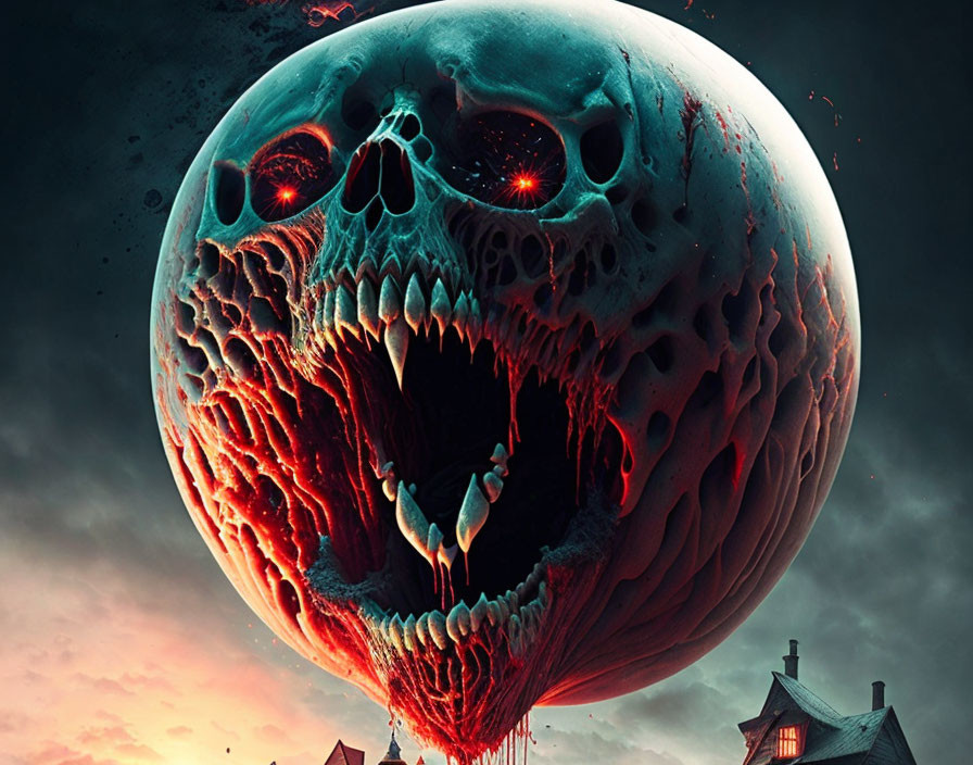 Menacing skull with glowing red eyes above small house in eerie red and dark tones