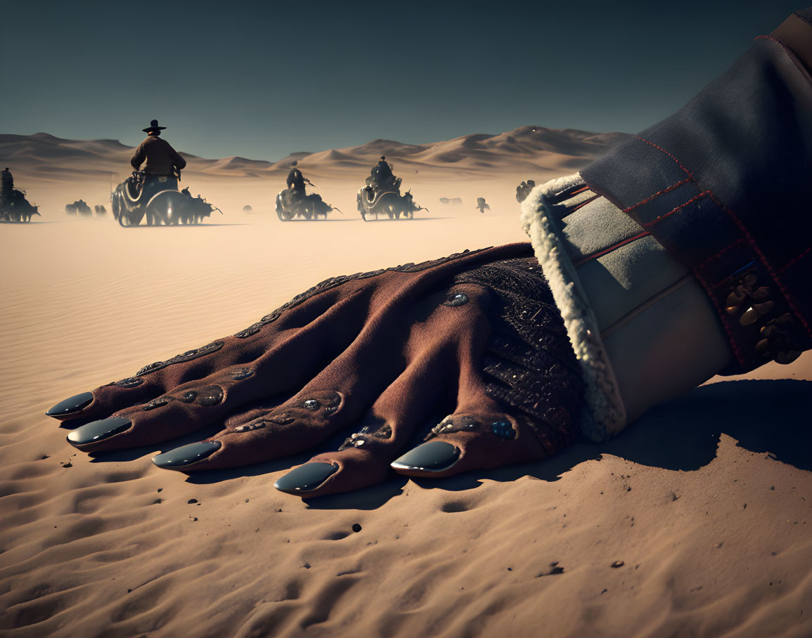 Robotic hand on desert sand, people on horseback approaching under clear sky