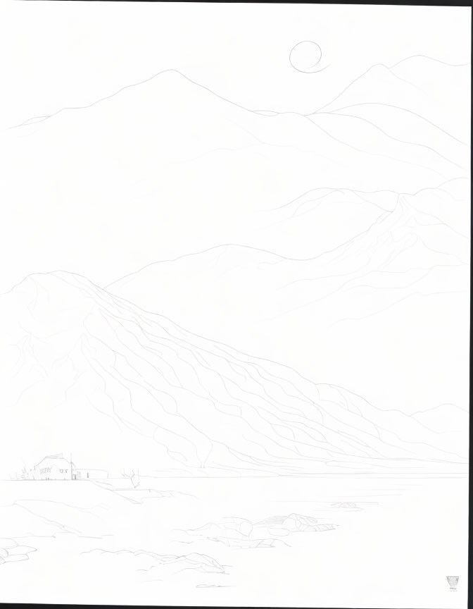 Minimalist mountain landscape sketch with small house and crescent moon