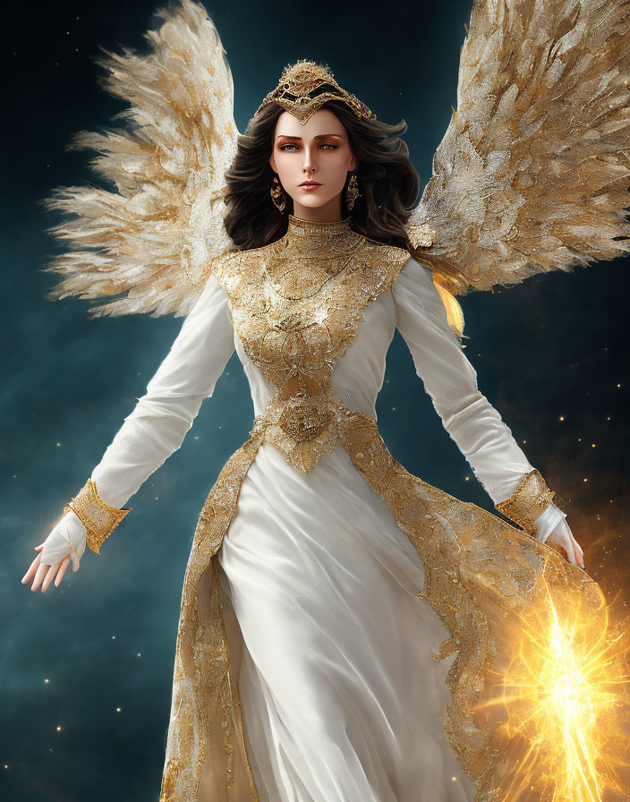 Golden-winged figure in white and gold gown with glowing orb on starry background