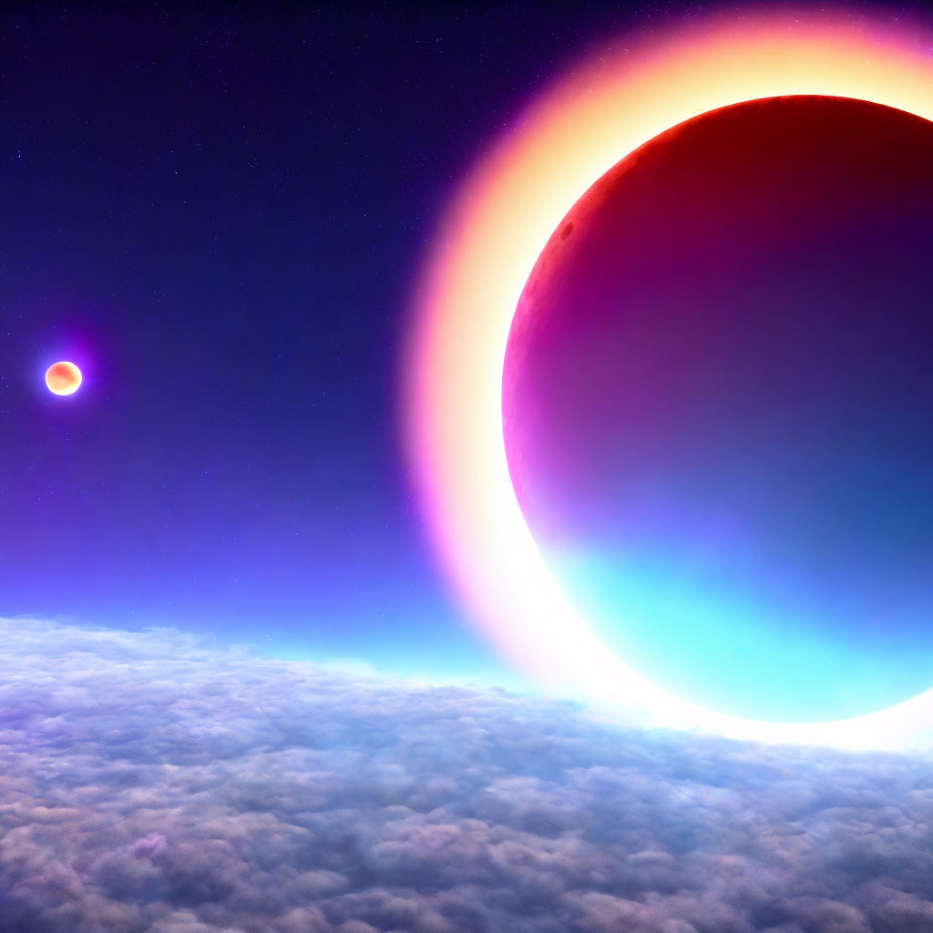 Sci-fi illustration: Celestial body eclipsing sun with moon in distance