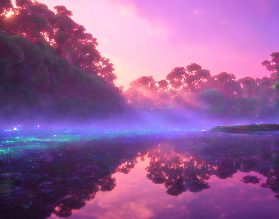 Purple Haze Over Serene Lake in Mysterious Forest