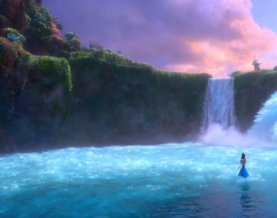 Animated character in front of glowing waterfall at sunset