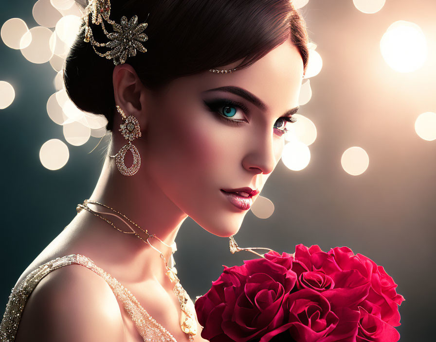 Woman with elegant makeup holding red rose bouquet on bokeh background