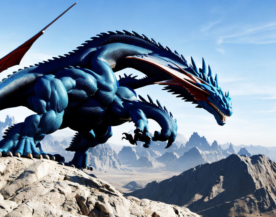 Blue dragon with sharp spikes on rocky mountain in desert landscape