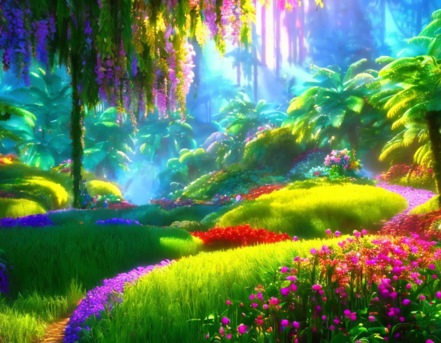 Lush garden with colorful flowers under tree canopy