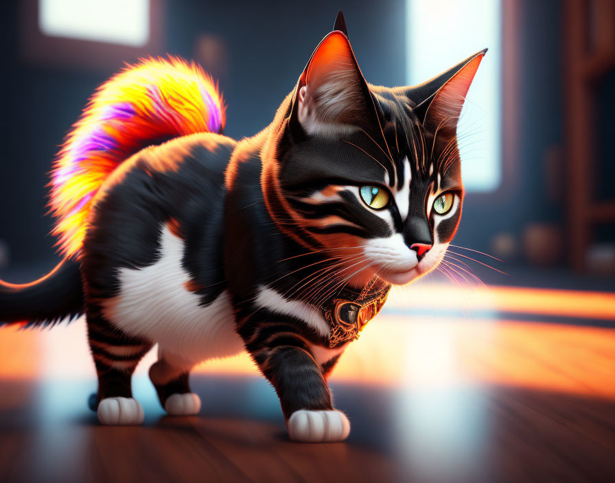 Animated cat with orange and black stripes and glowing tail in sunlit room