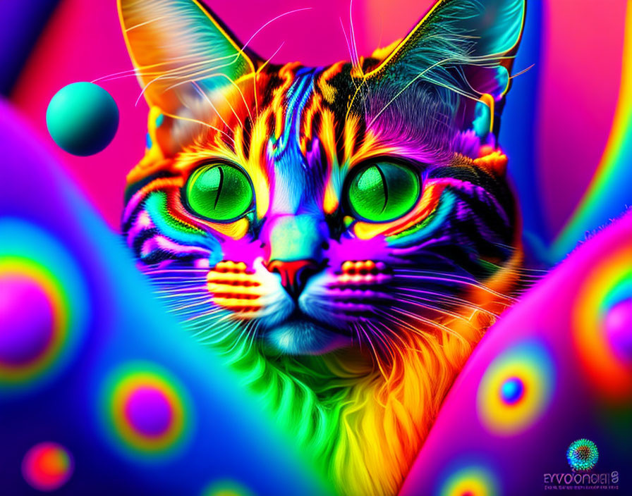 Colorful digital artwork of a multicolored cat with green hypnotic eyes