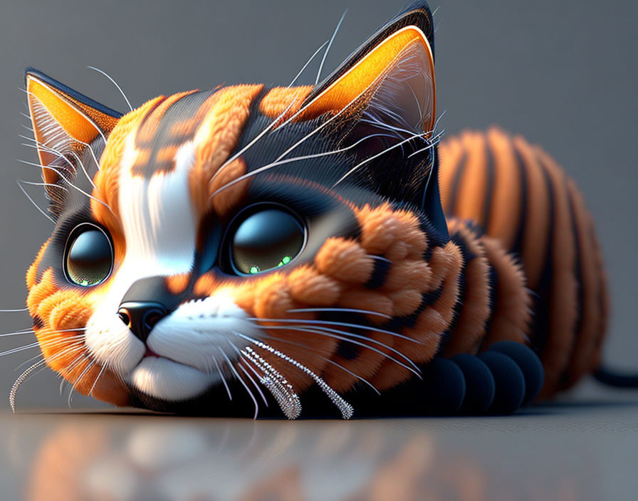 Exaggerated 3D-rendered orange tabby cat with glossy eyes and bold stripes