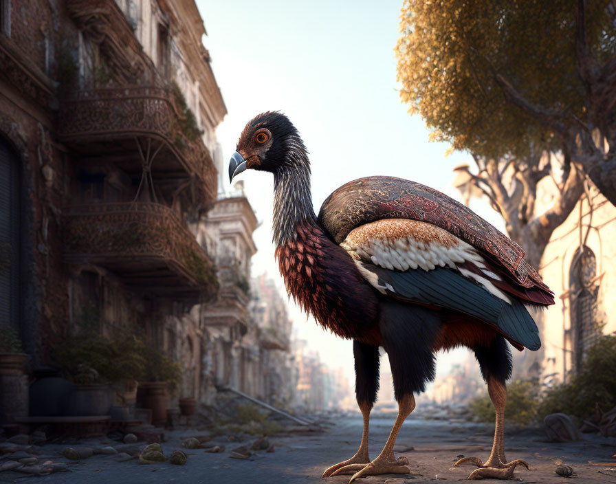 Detailed digital artwork: Large bird with vibrant feathers in deserted urban street with overgrown trees.