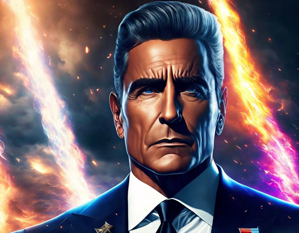 Animated character portrait: older man with gray hair, suit, serious expression, fiery background