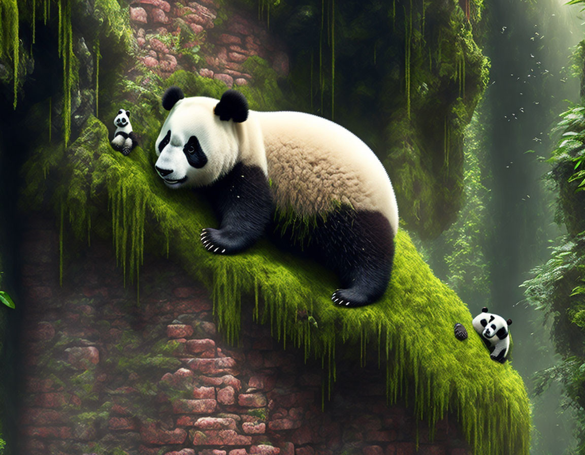 Large Panda Relaxing on Moss-Covered Ledge with Playful Cubs in Lush Forest