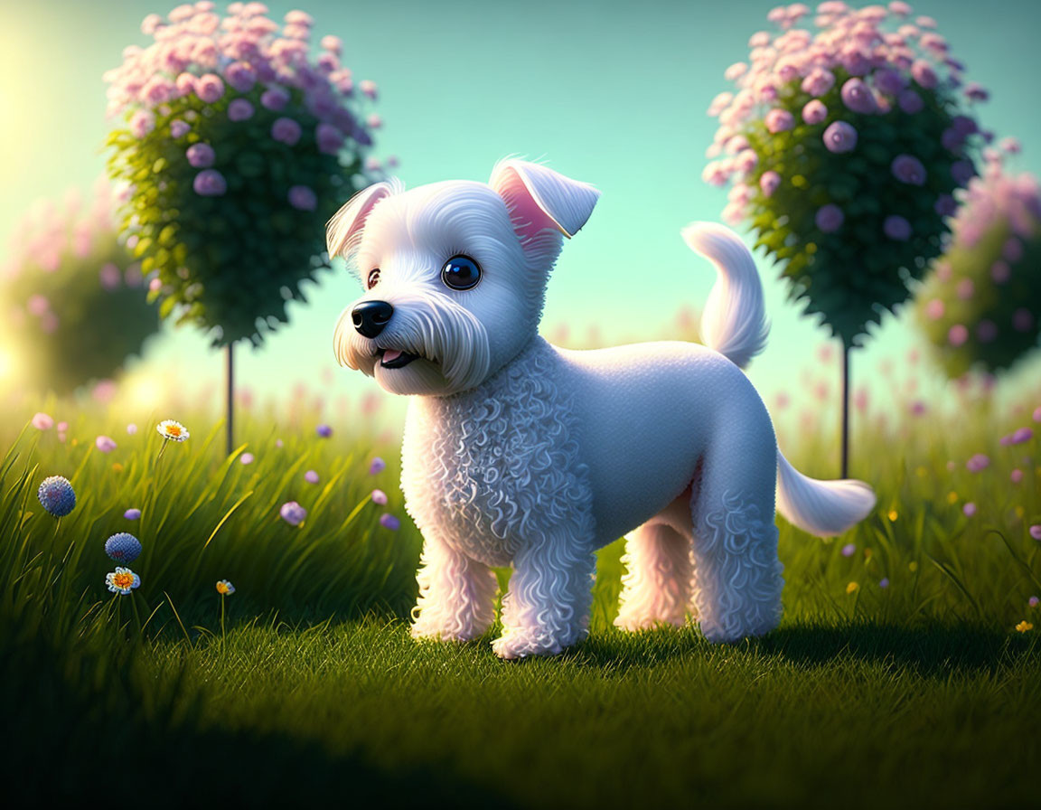 Fluffy White Animated Dog in Green Field with Purple Flowers