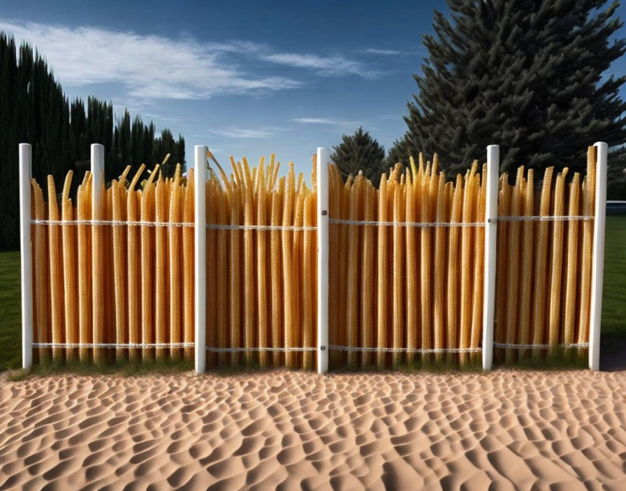 Outdoor installation: Oversized spaghetti noodle fence in lush green landscape