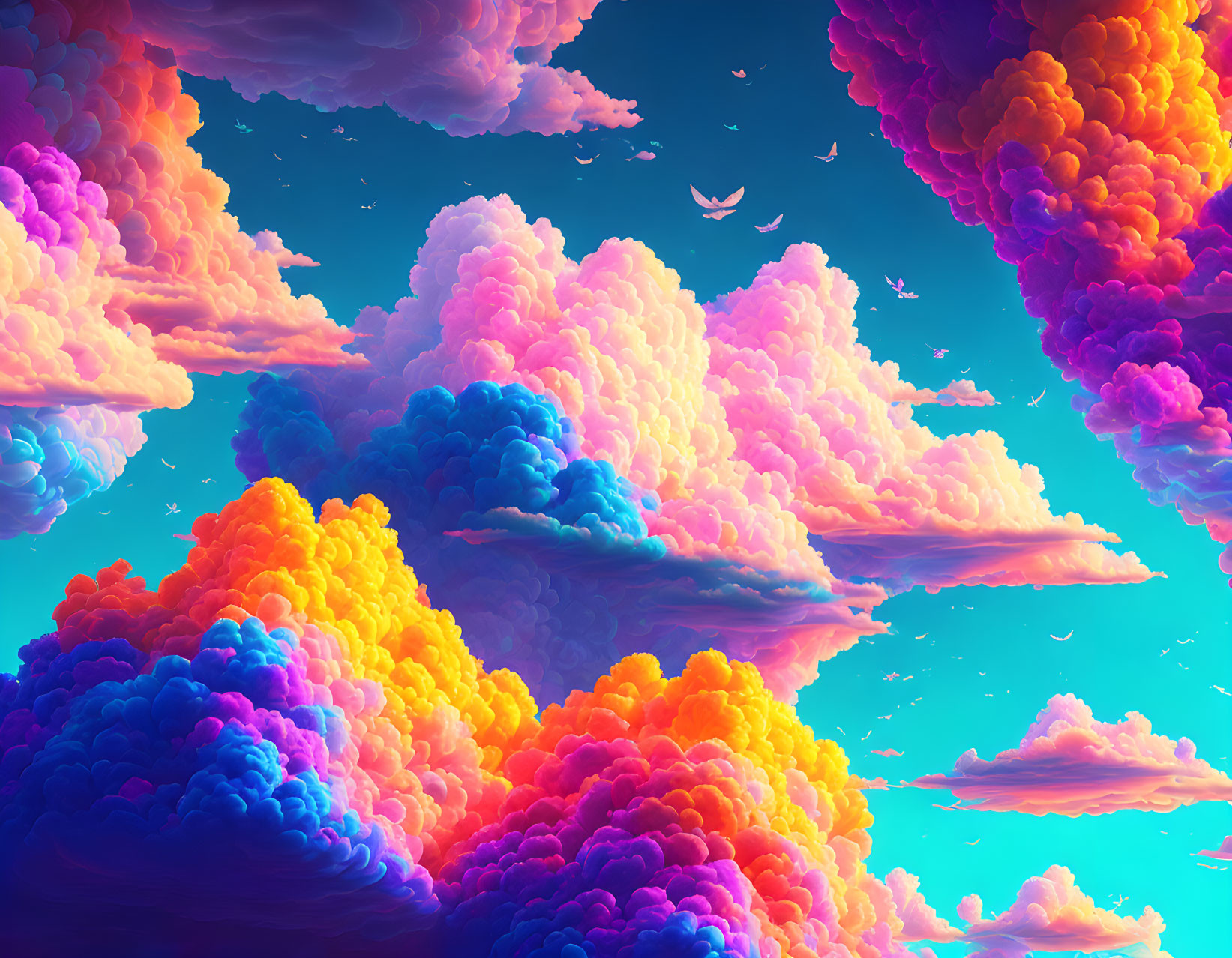 Colorful clouds in blue, pink, and orange with soaring birds