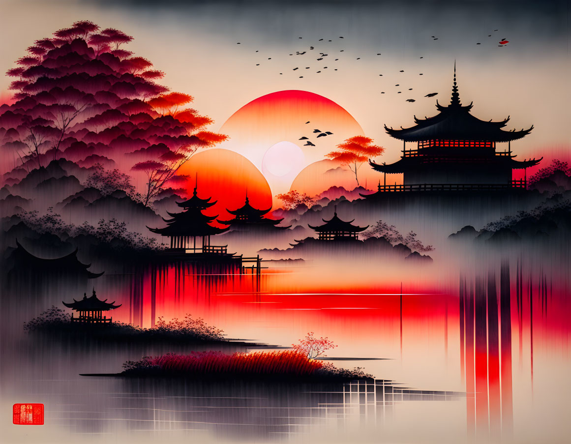 Asian landscape painting: Red sun setting over pagodas & misty waters