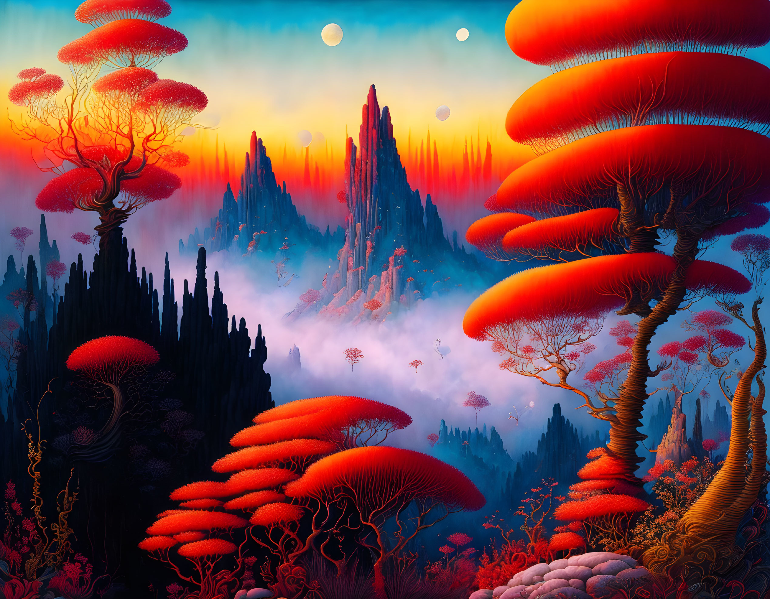 Fantasy landscape with red mushroom trees, misty mountains, and twin moons