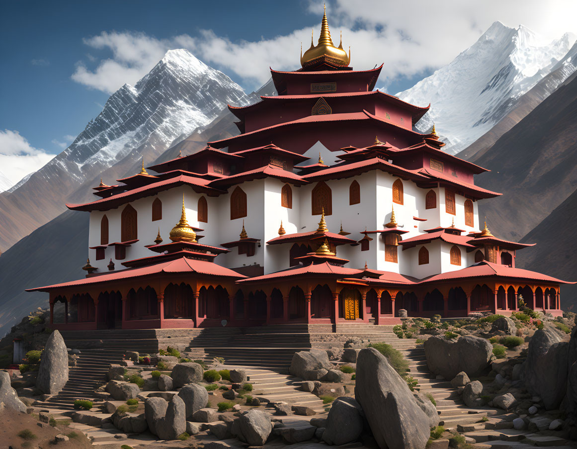 Traditional Tibetan-style Monastery with White Walls and Red Roofs