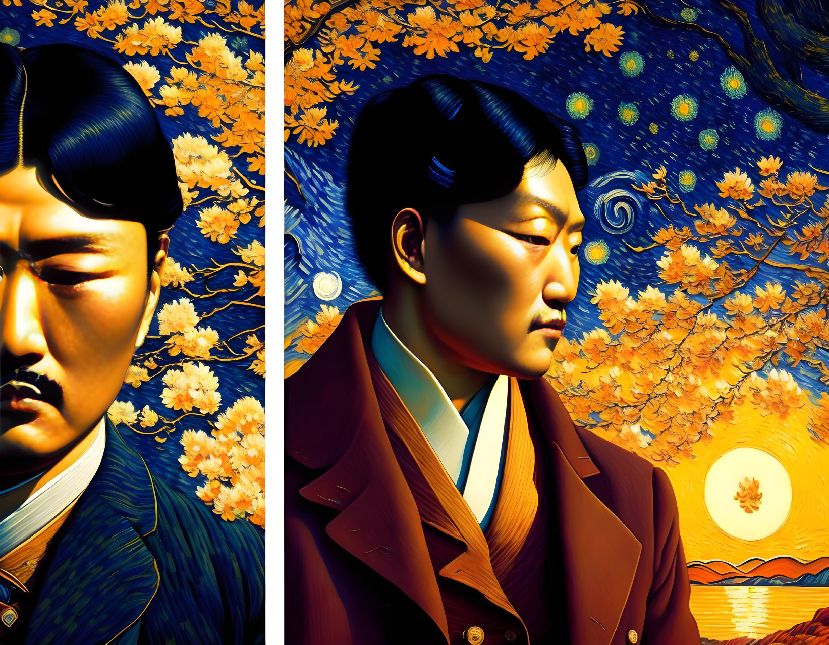 Split image of man with stern expression: left side blue with night blooms, right side warm with sunset