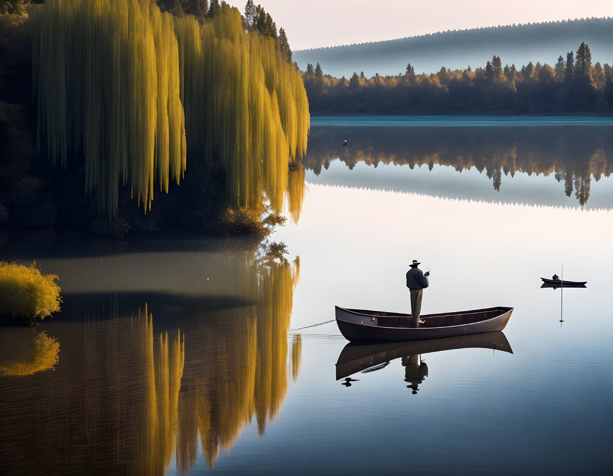 Tranquil lake scene with person in boat and reflections