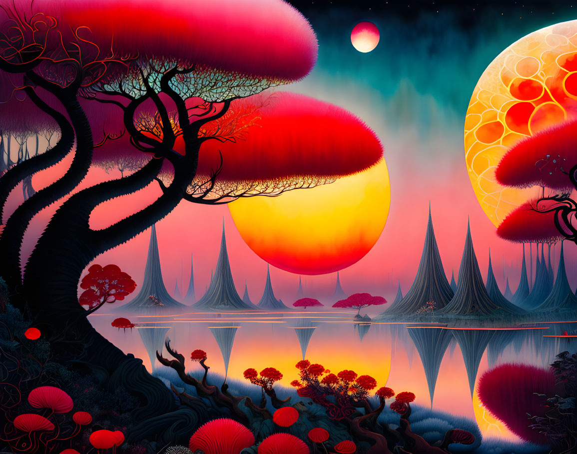 Alien landscape with red foliage, spire-like mountains, two moons, and serene water.