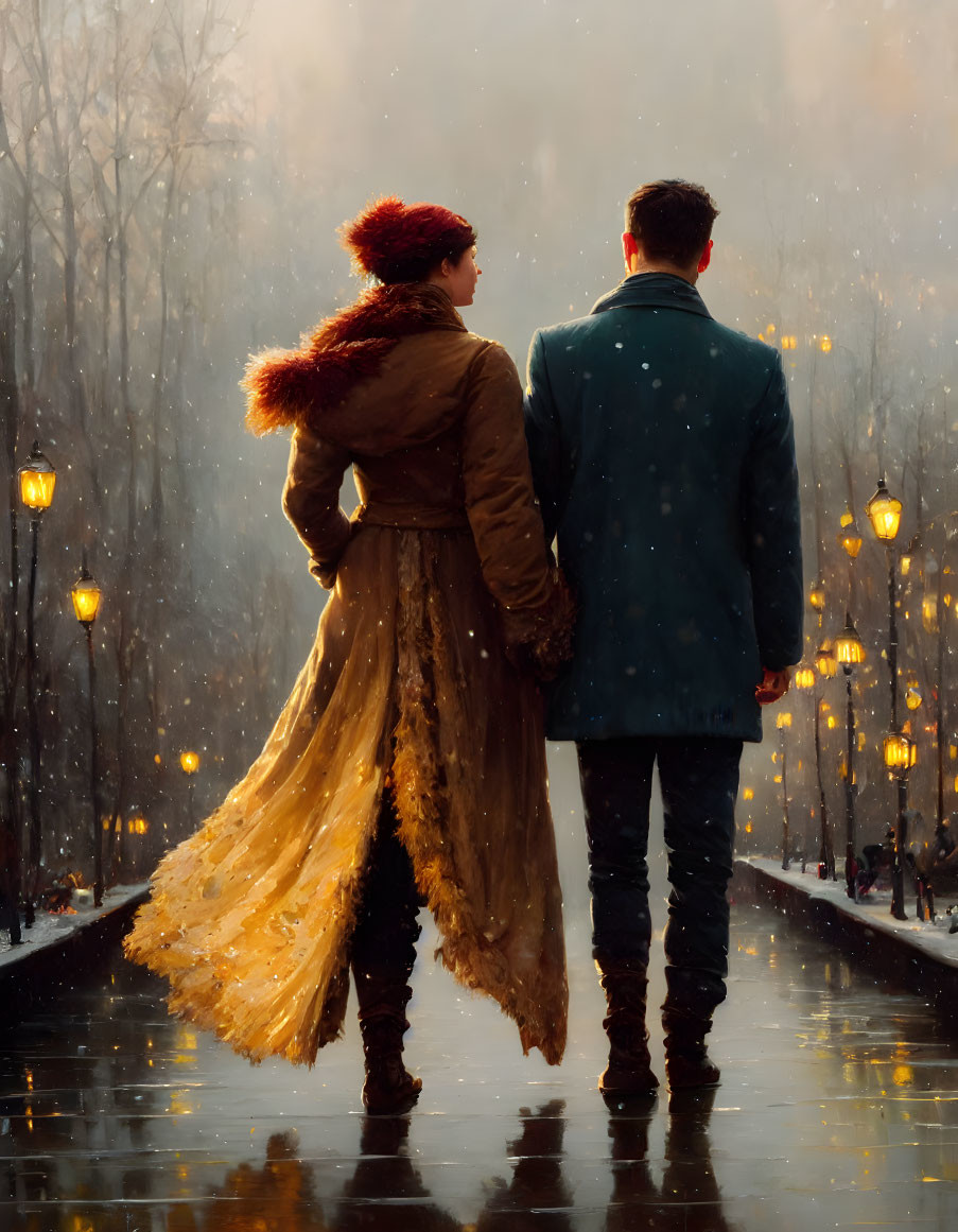 Couple holding hands in snowy park at dusk