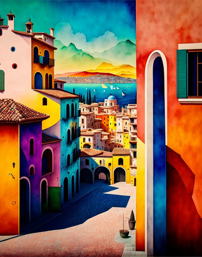 Vibrant Mediterranean coastal town with colorful buildings, sailboats, and mountains