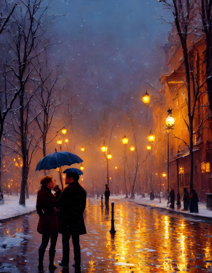 Couple under umbrella in snowy, lamp-lit street