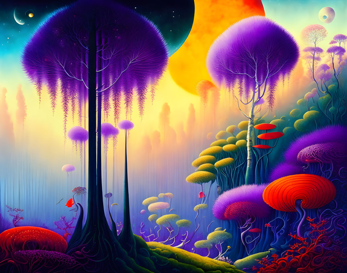 Colorful fantasy landscape with whimsical trees and glowing mushrooms