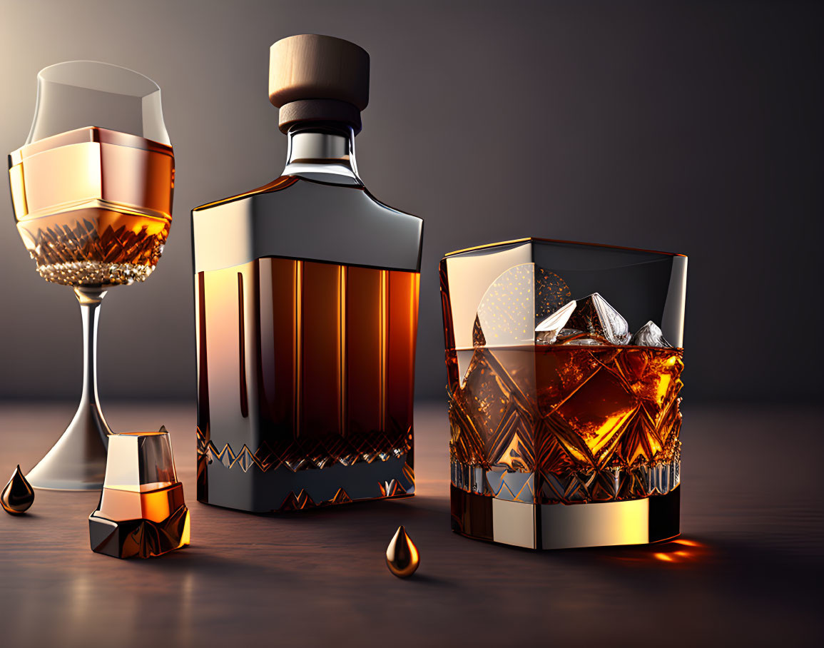 Elegant whiskey bottle, glass, ice cubes, and frozen splash on dark surface