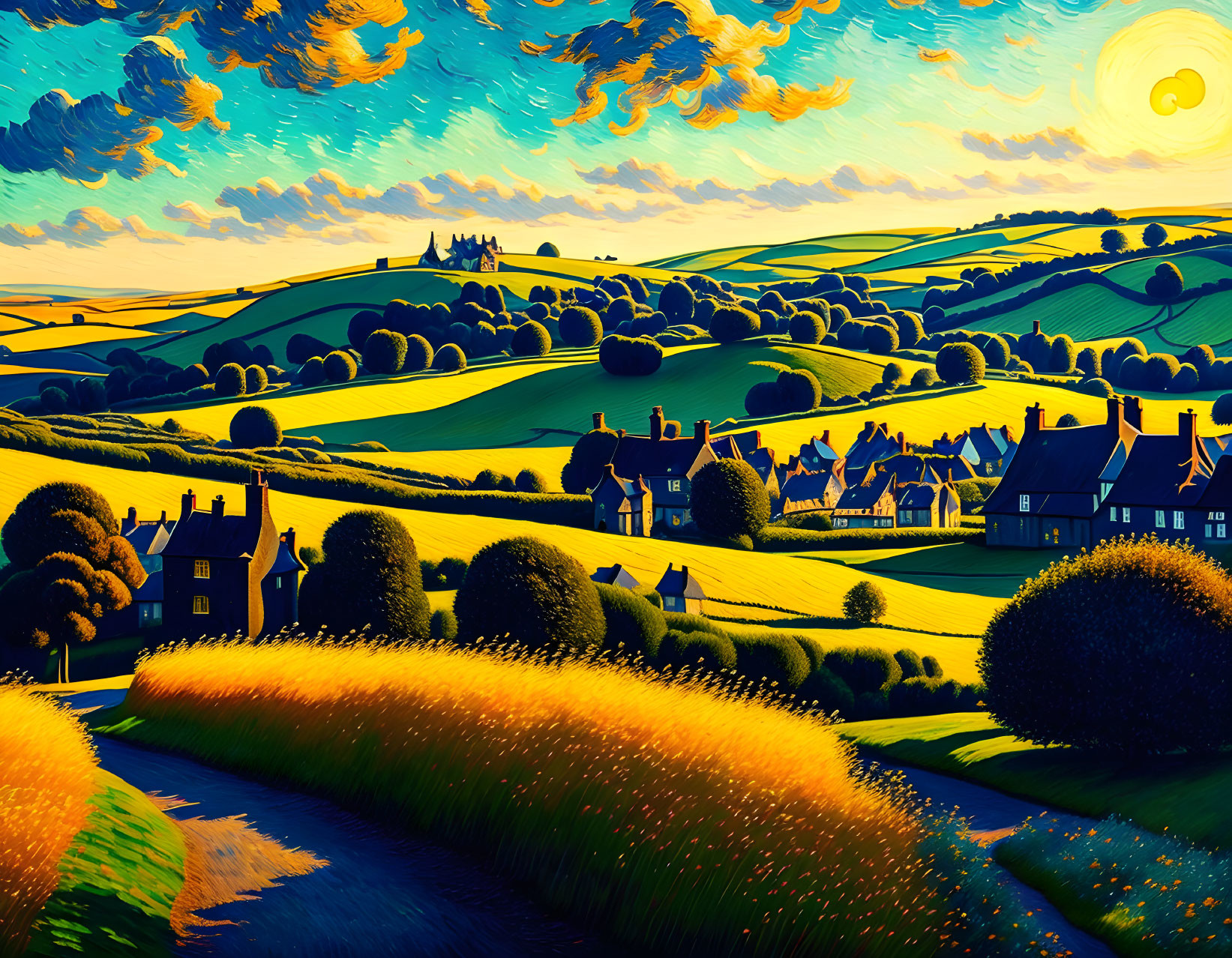 Colorful Stylized Landscape: Rolling Hills, Sunlit Sky, Houses & Foliage